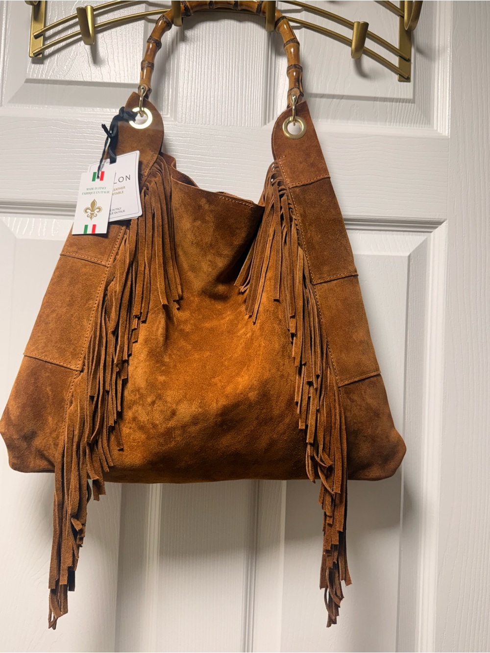 Suede Marlon Italian Leather Fringe Hobo Bag Fringe Hobo Bag in Brown - Picture 2 of 3